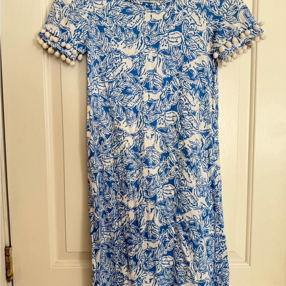 Lilly Pulitzer and White Floral Mini Dress with Pom Sleeve Detail XXS
